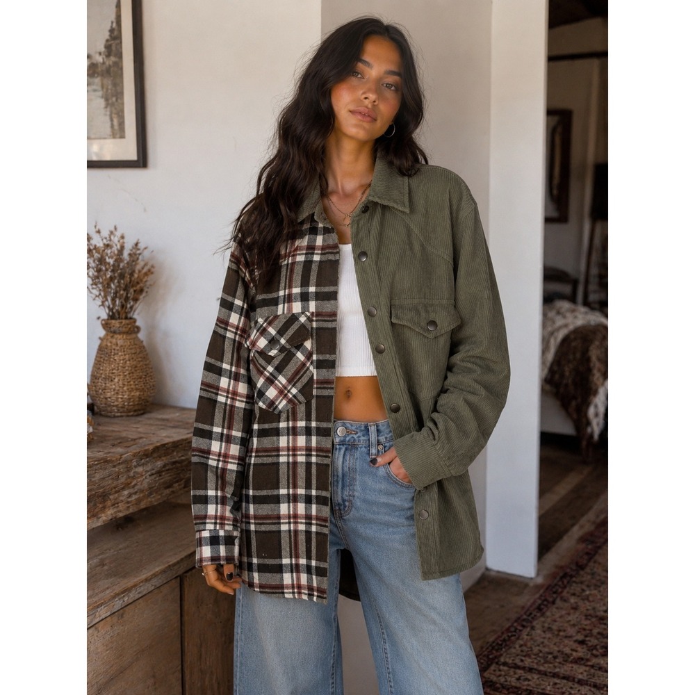 NWT SHE+SKY Mixed Plaid and Corduroy Shacket Olive Green Brown size medium